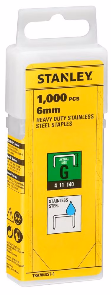Graffette per impieghi gravosi tipo G 6 mm, 1000 pezzi, in acciaio inox, per cucitrici manuali Stanley, tenuta forte, per la casa e l'officina.