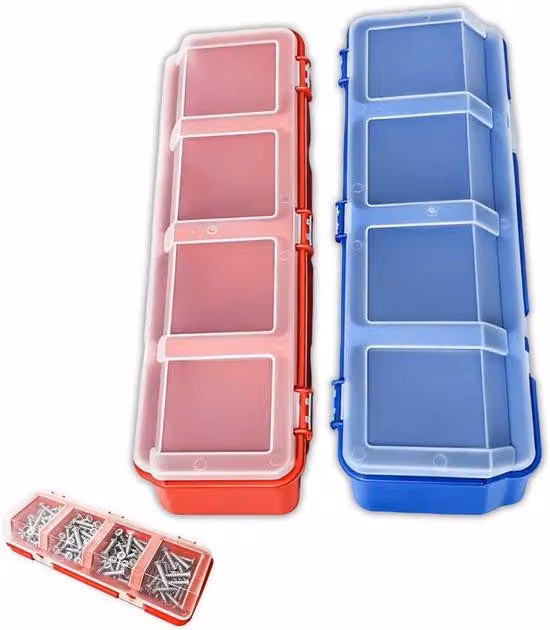 Organizzatore in plastica con coperchio - 4 scomparti - Impilabile - 30,99 x 10,41 x 6,35 cm - Blu e rosso - ideale per viti, piccoli componenti
