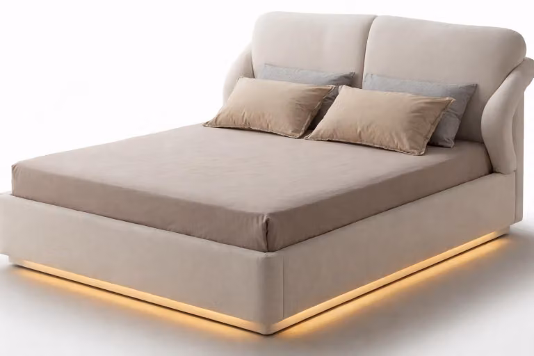 Letto beige elegante, letto confortevole, letto di design, mobili per la camera da letto