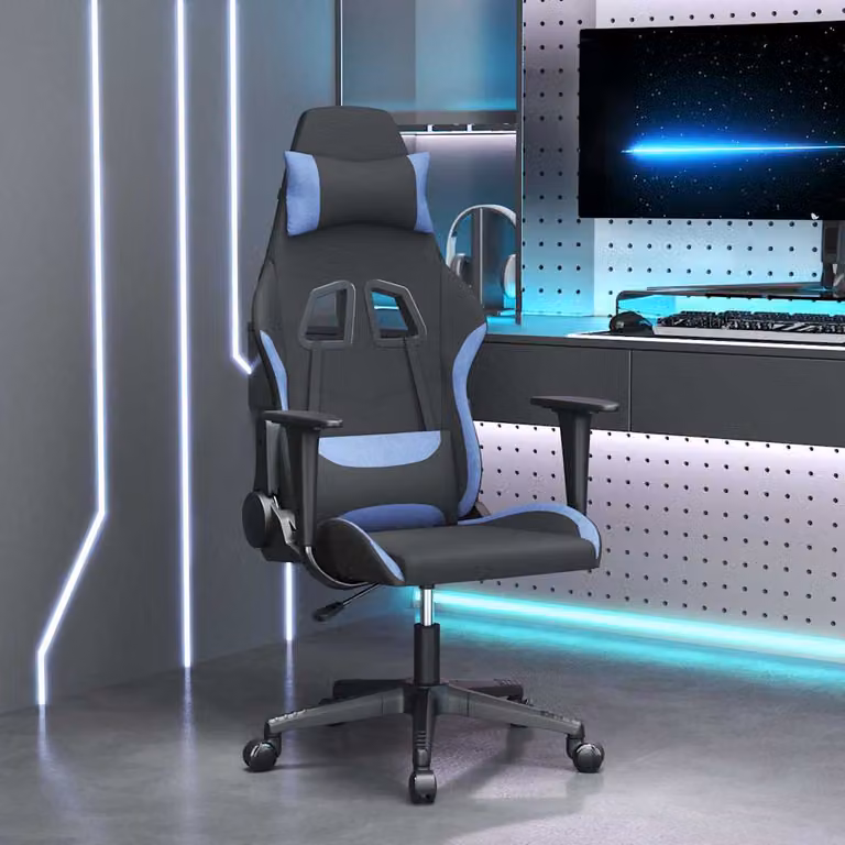 Sedia da Gaming vidaXL in Tessuto Multicolore Nero e Blu con Poggiatesta e Ruote
