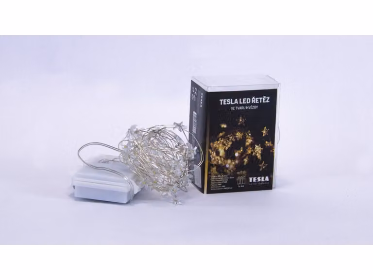 Tesla - catena decorativa nano Star 1,5cm, 50LED, 2700K, 5m +30cm, 3x batterie AA, timer, IP44