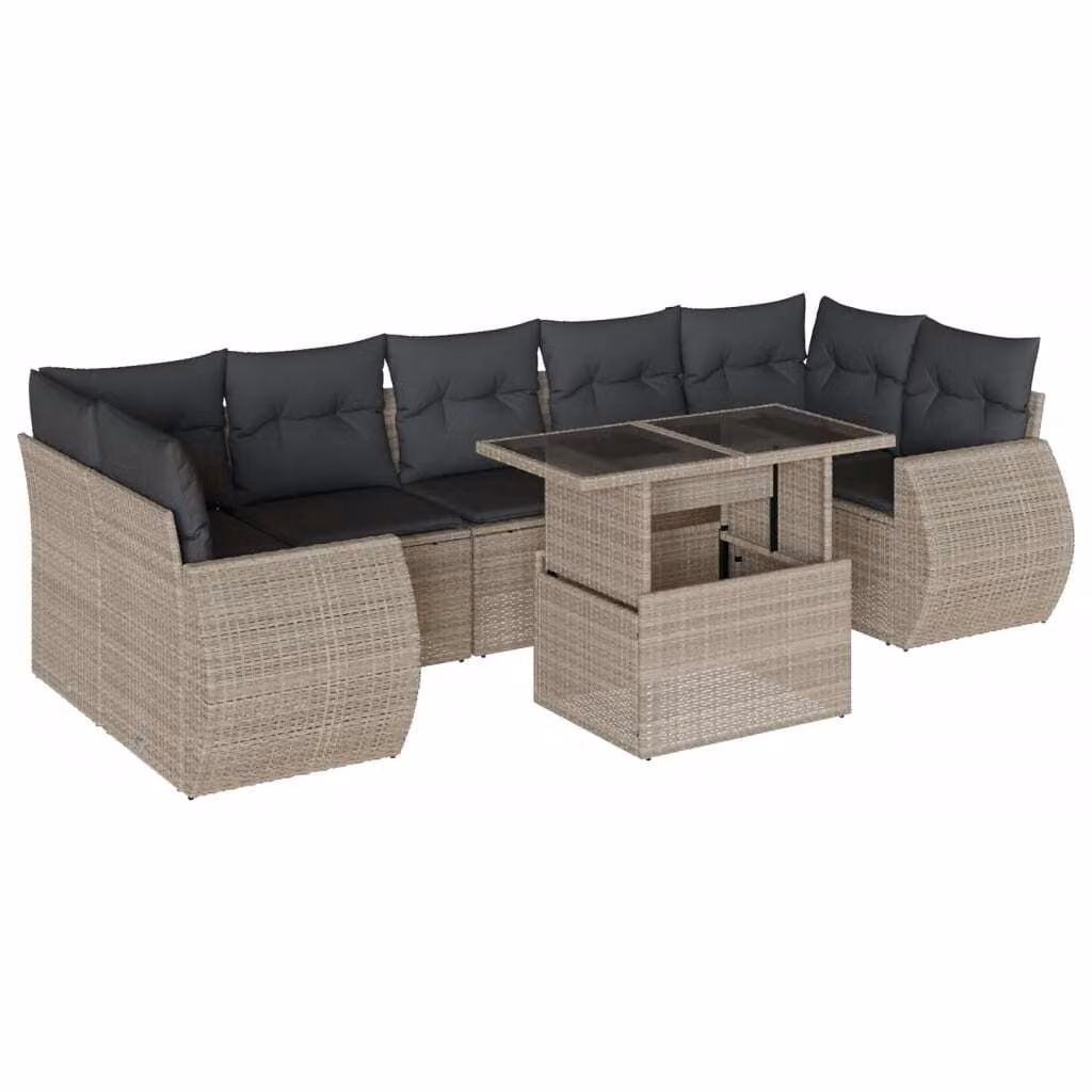 Set Divano da Giardino 8pz con Cuscini Grigio Chiaro Polyrattan