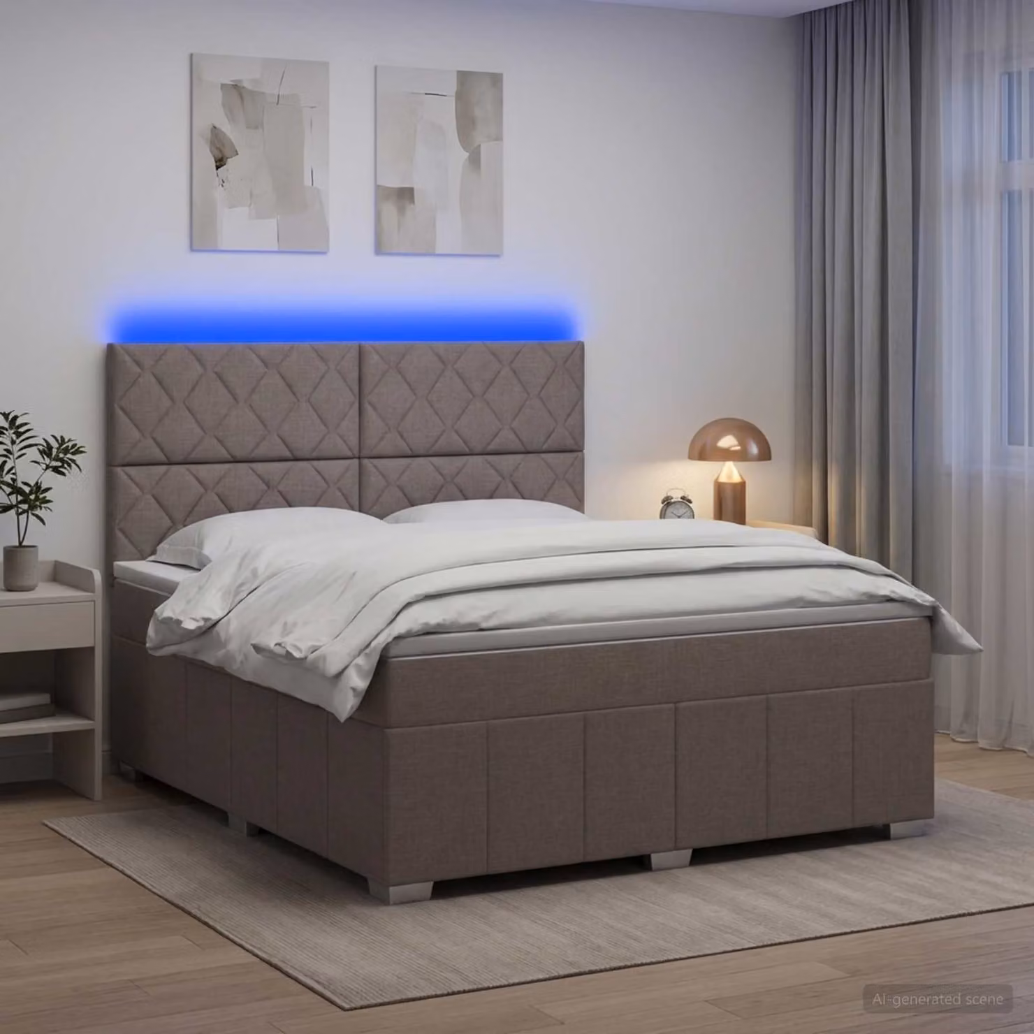 Letto Box Spring vidaXL con Materasso a Molle Insacchettate, Illuminazione LED e Porta USB, Colore Tortora, L/P: 140 x 200 cm