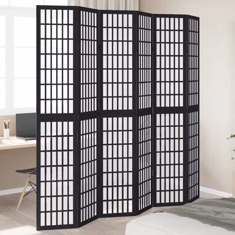 Divisorio Ambienti vidaXL con 6 Pannelli in Legno Massello di Paulownia Nero Opaco H: 220 cm, L: 215 cm