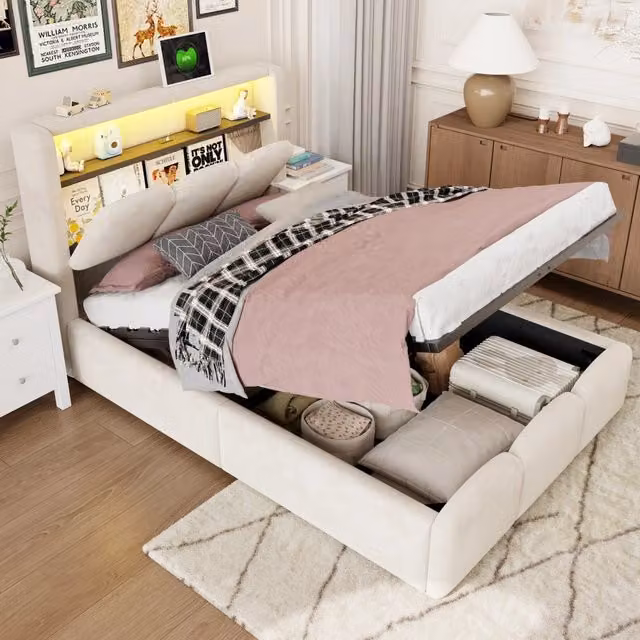 Letto singolo imbottito 90x200 in velluto beige con contenitore idraulico; LED e prese USB