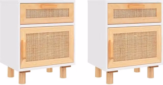 Comodini 2 pz-Set di 2 Tavolino da notte Bianchi Legno Massello di Pino e Rattan Naturale