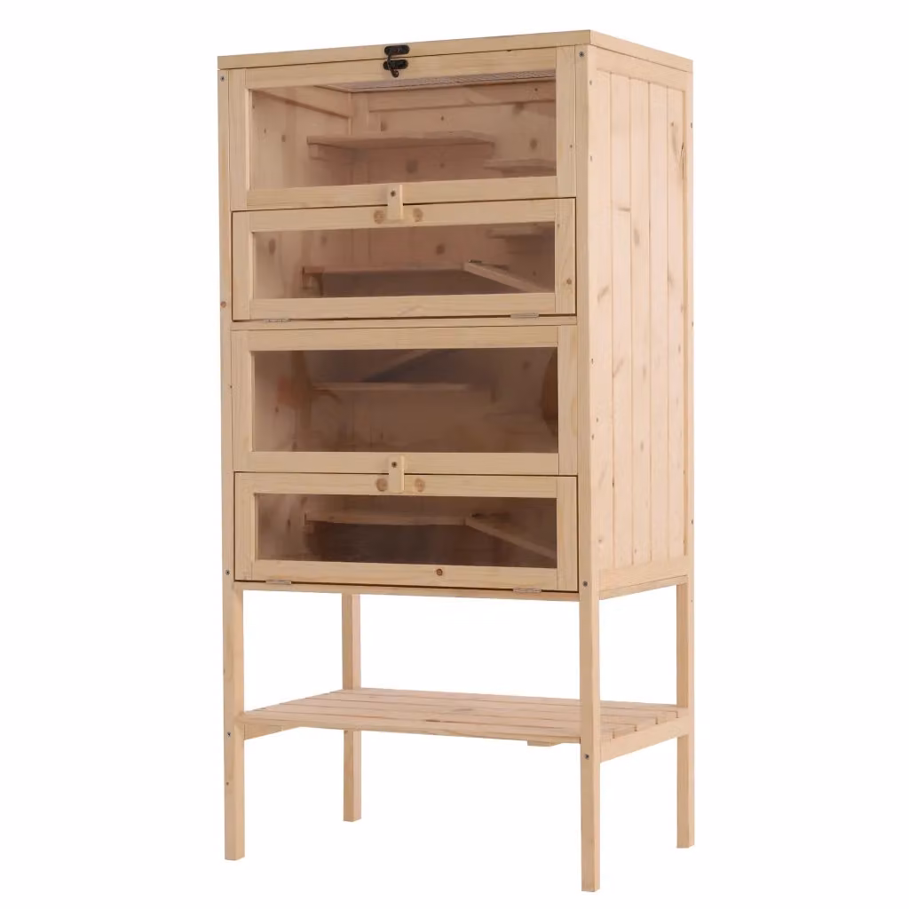 Gabbia per Criceti e Porcellini d'India Minimal in Legno di Abete Massello con Ripiani e Rampe, L 60 cm x P 40 cm x H 120 cm – 2