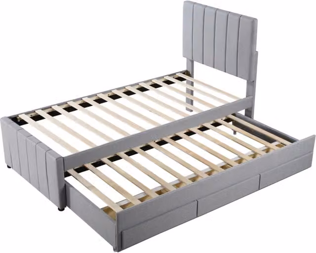 Letto imbottito singolo 90x200 cm con letto estraibile e cassetti contenitori, rivestimento in lino, colore grigio