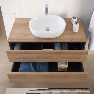 Mobile bagno sospeso Kleo Inbagno in rovere e marrone con top lavabo e specchio, Larghezza: 80 cm – 2