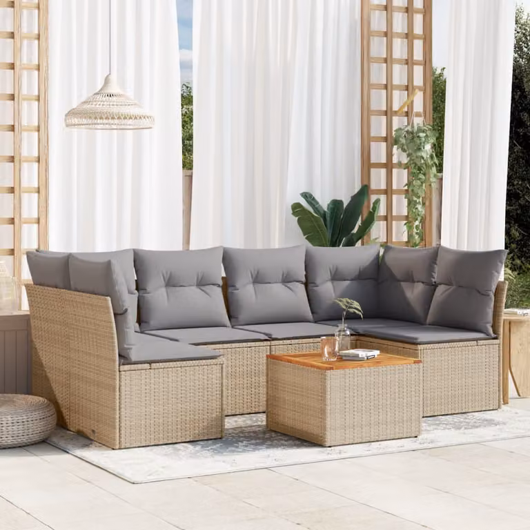 vidaXL Set Divani da Giardino 7 pz in Polyrattan con Cuscini Beige e Tavolino da Esterno