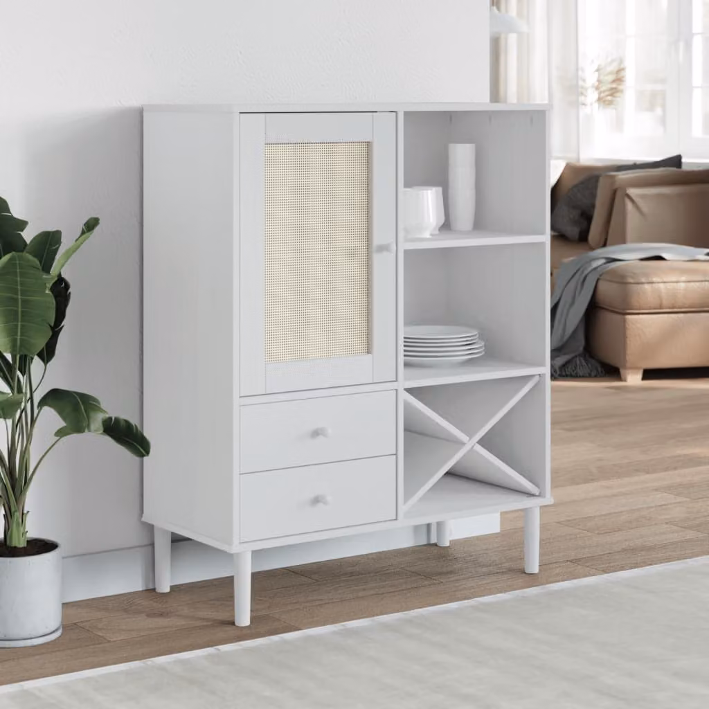 Credenza vidaXL SENJA in legno di pino massello con aspetto rattan, colore bianco, L 90 cm x P 40 cm x H 112 cm