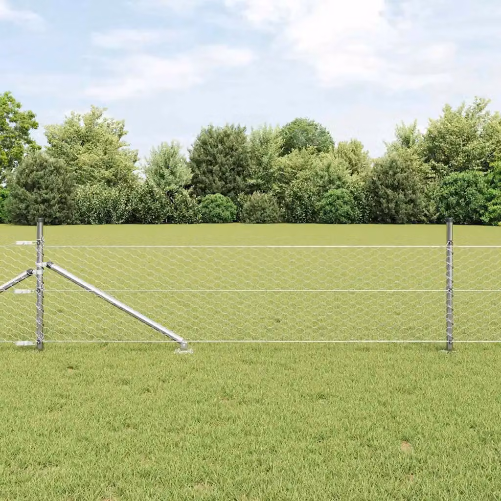 Recinzione esagonale vidaXL in acciaio zincato argento con pali rotondi per installazione nel terreno, L: 10 m, H: 0,4 m