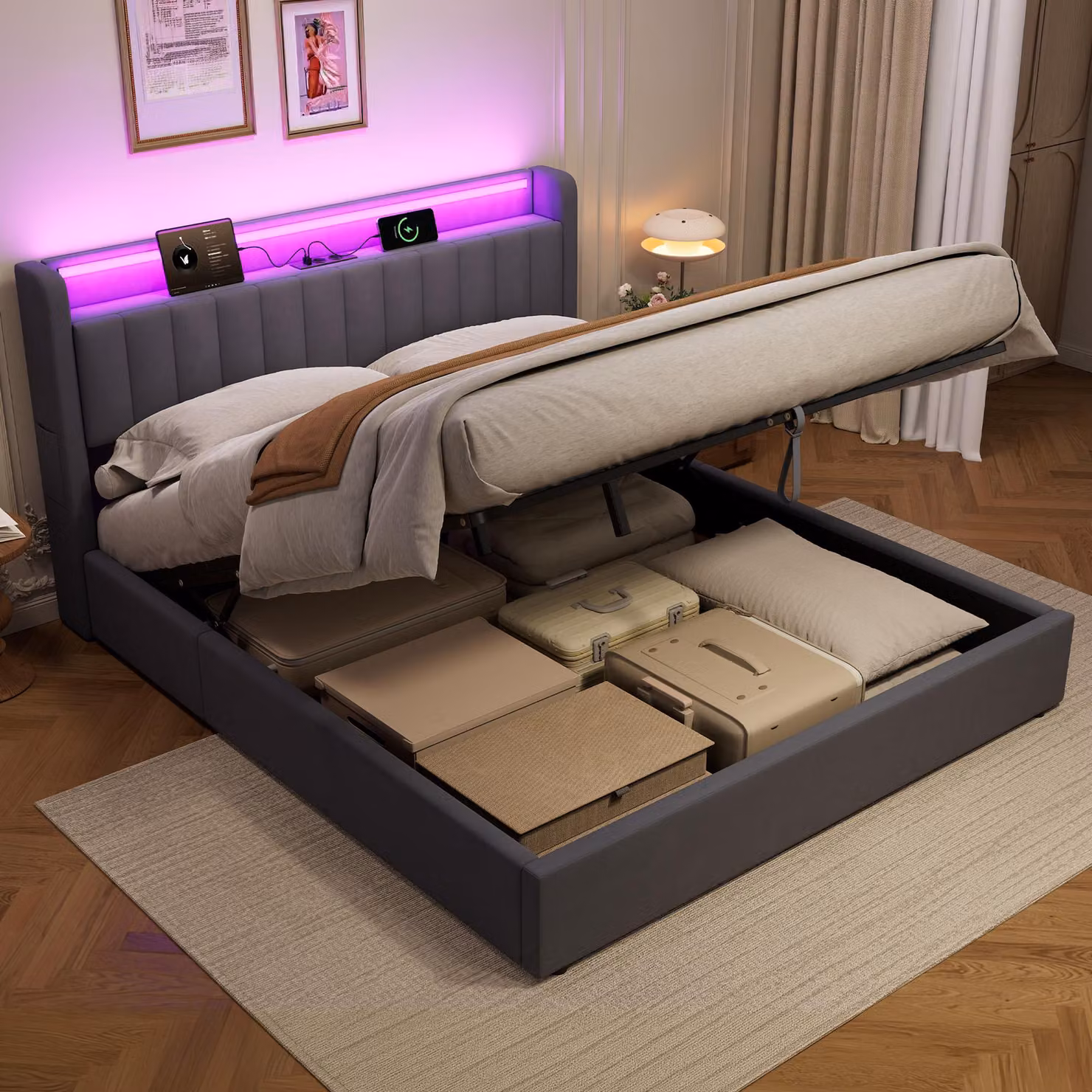 MODFU Letto imbottito 180 × 200 Letto per bambini con luce LED e prese elettriche, letto boxspring con contenitore, grigio (senza materasso)