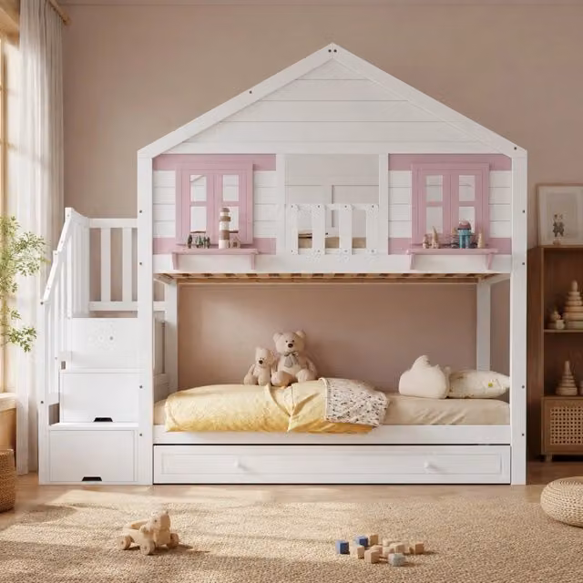 Letto a castello 90 × 200 cm con letto estraibile scala con contenitore appendiabiti laterale legno MDF bianco rosa