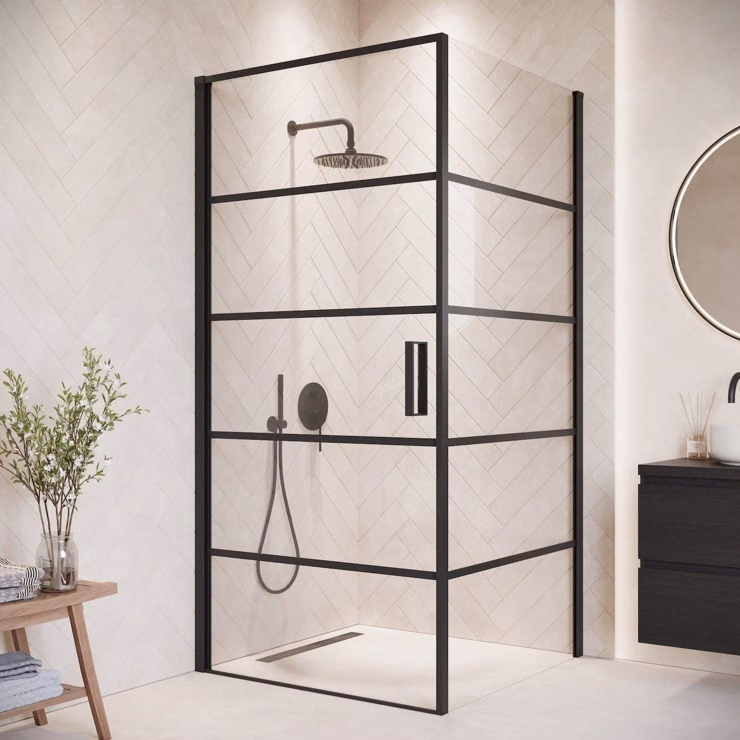 Badplaats Cabina Doccia Alava 90 x 90 x 190cm – Nero a Righe – Parete Doccia con Porta a Battente