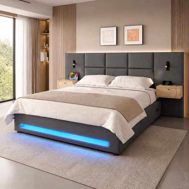 Letto con contenitore Mivray in velluto grigio con illuminazione LED, porta USB-C e rete in acciaio, L/P: 180 x 200 cm – 1