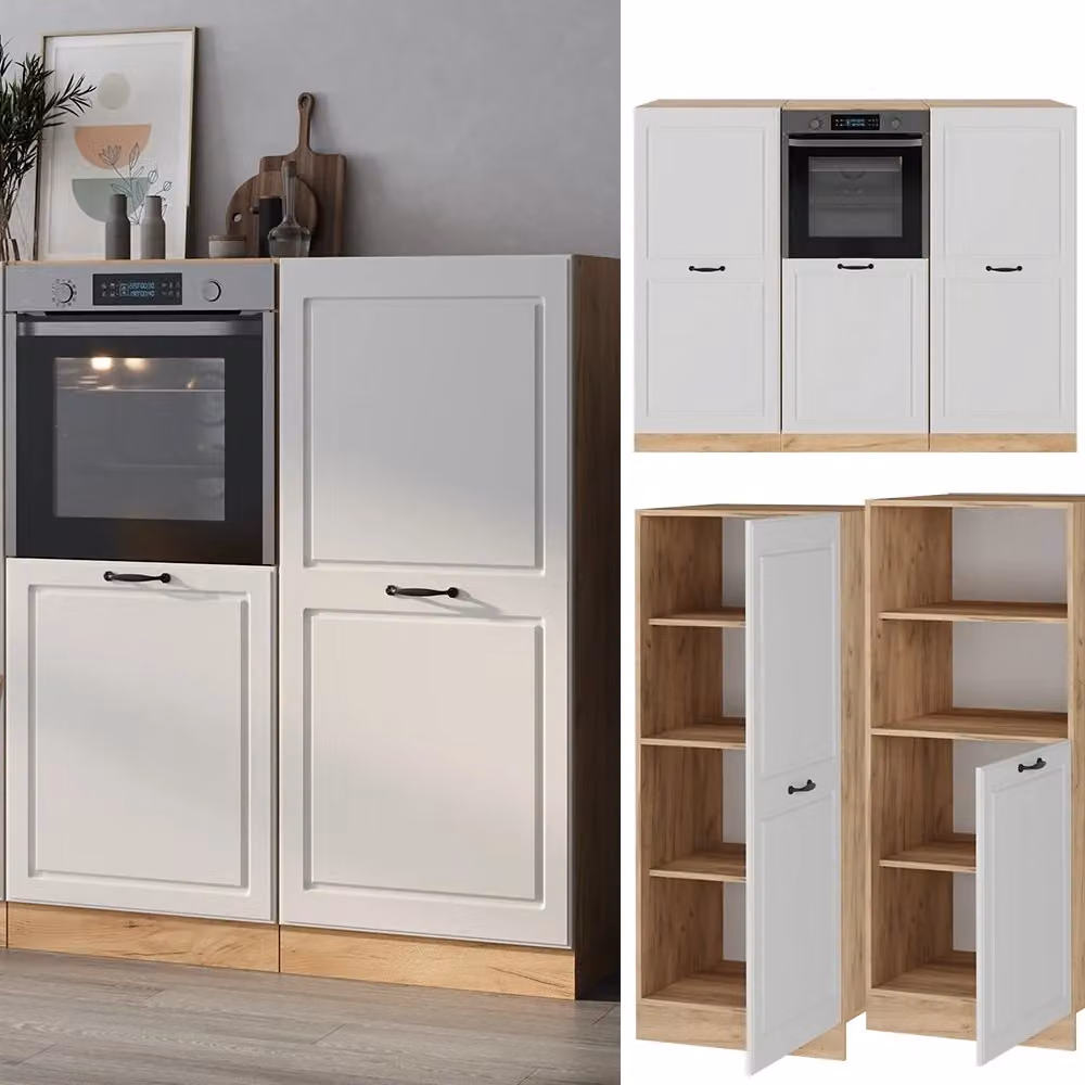 Cucina componibile Vicco R-Line in stile country Bianco rustico e Rovere dorato L: 180 cm – 2