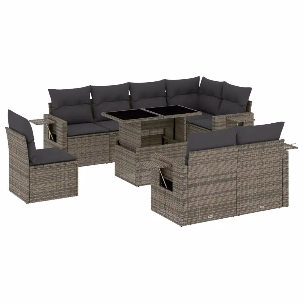vidaXL Set Divano da Giardino a L in Polyrattan Grigio con 9 Pezzi e Cuscini Imbottiti – 2