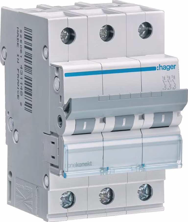 Interruttore LS Hager a 3 poli 6 kA caratteristica C 16 A 3 moduli Hager MCN316, 1 pz.