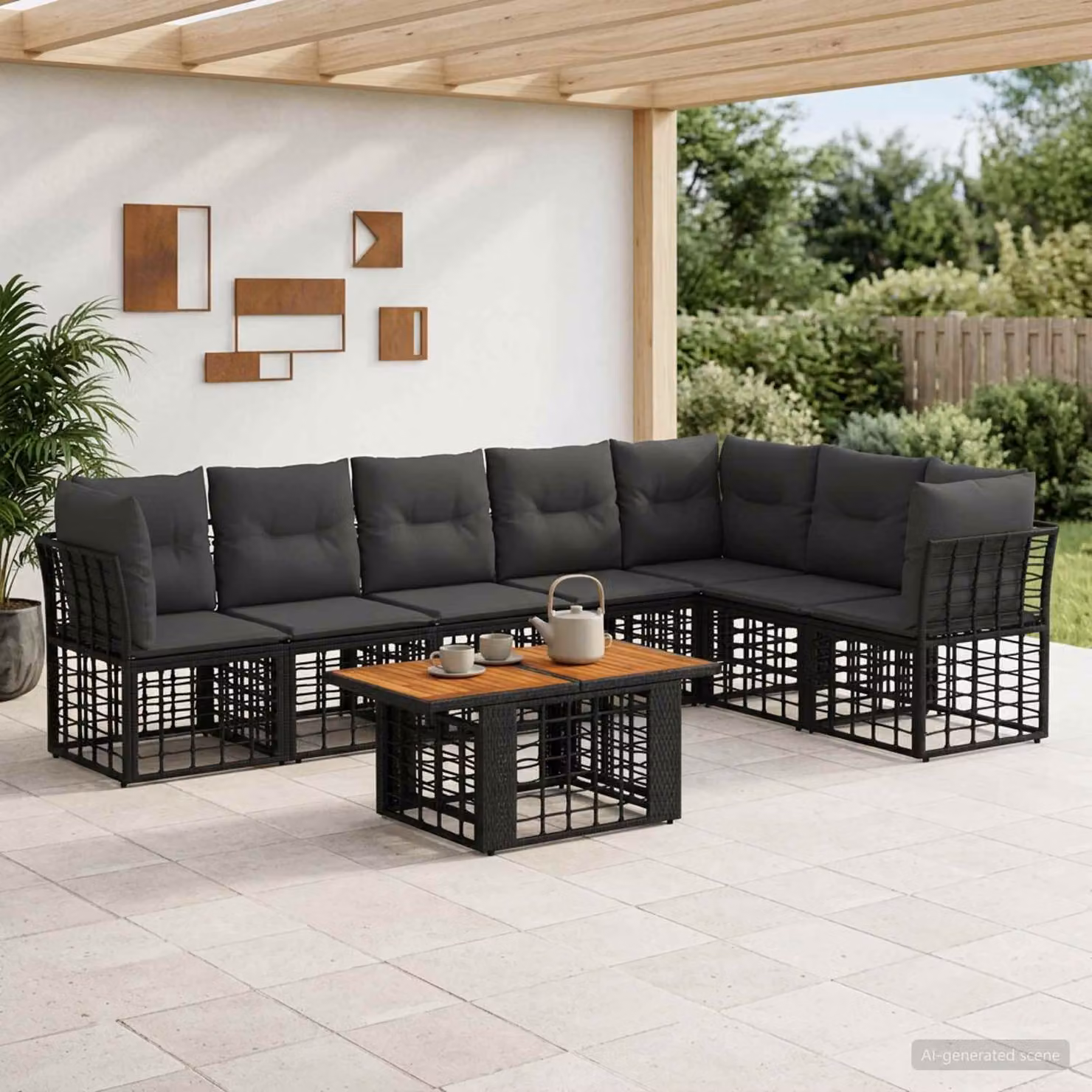 Set Divano da Giardino vidaXL a Forma di L in Polyrattan con Tavolino e Cuscini, Nero e Grigio