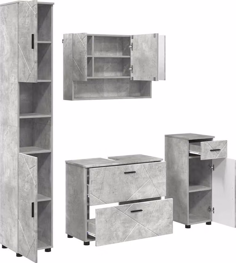 Set di mobili da bagno 4 pezzi in compensato grigio cemento e metallo