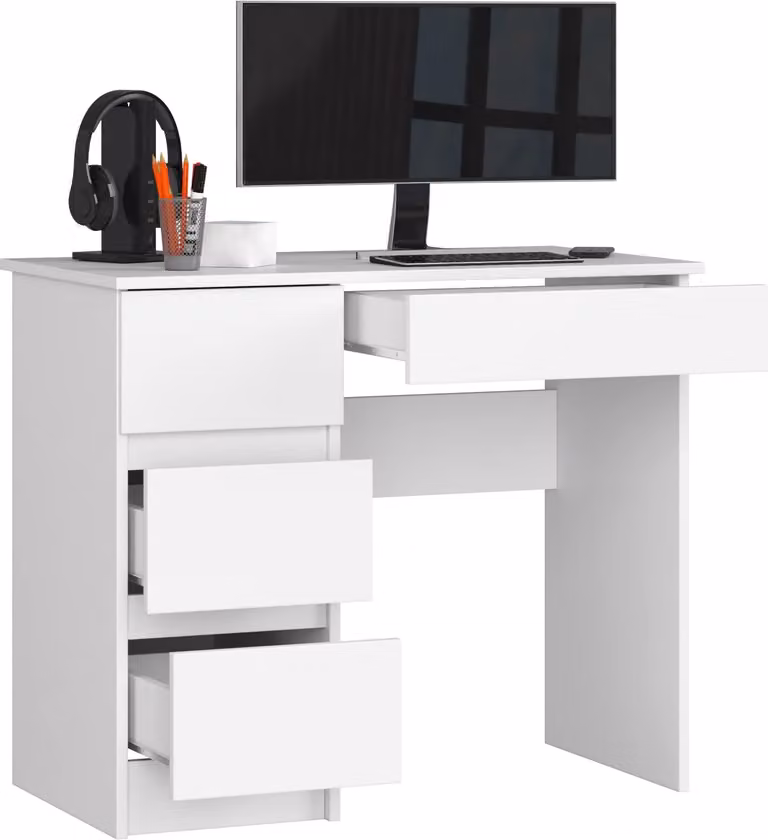 BDW scrivania da ufficio con 4 cassetti, scrivania da gioco, bianco a sinistra