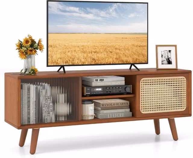 Mobile TV in bambù e rattan marrone con ante scorrevoli e design mid-century per soggiorno