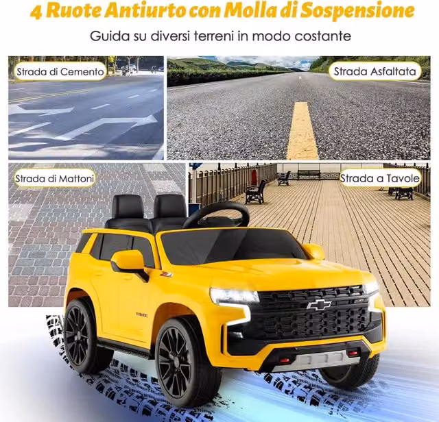 Macchina Elettrica Chevrolet per Bambini Costway 12V con Telecomando, Luci e Musica, Giallo