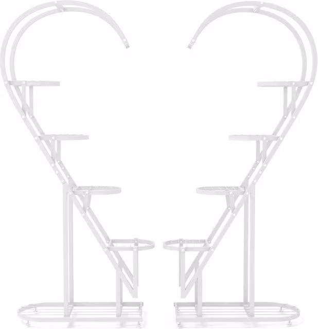 Set di 2 Scaffali Porta Piante in Metallo Verniciato Bianco a 5 Livelli con Design a Cuore e Ganci per Soggiorno o Giardino