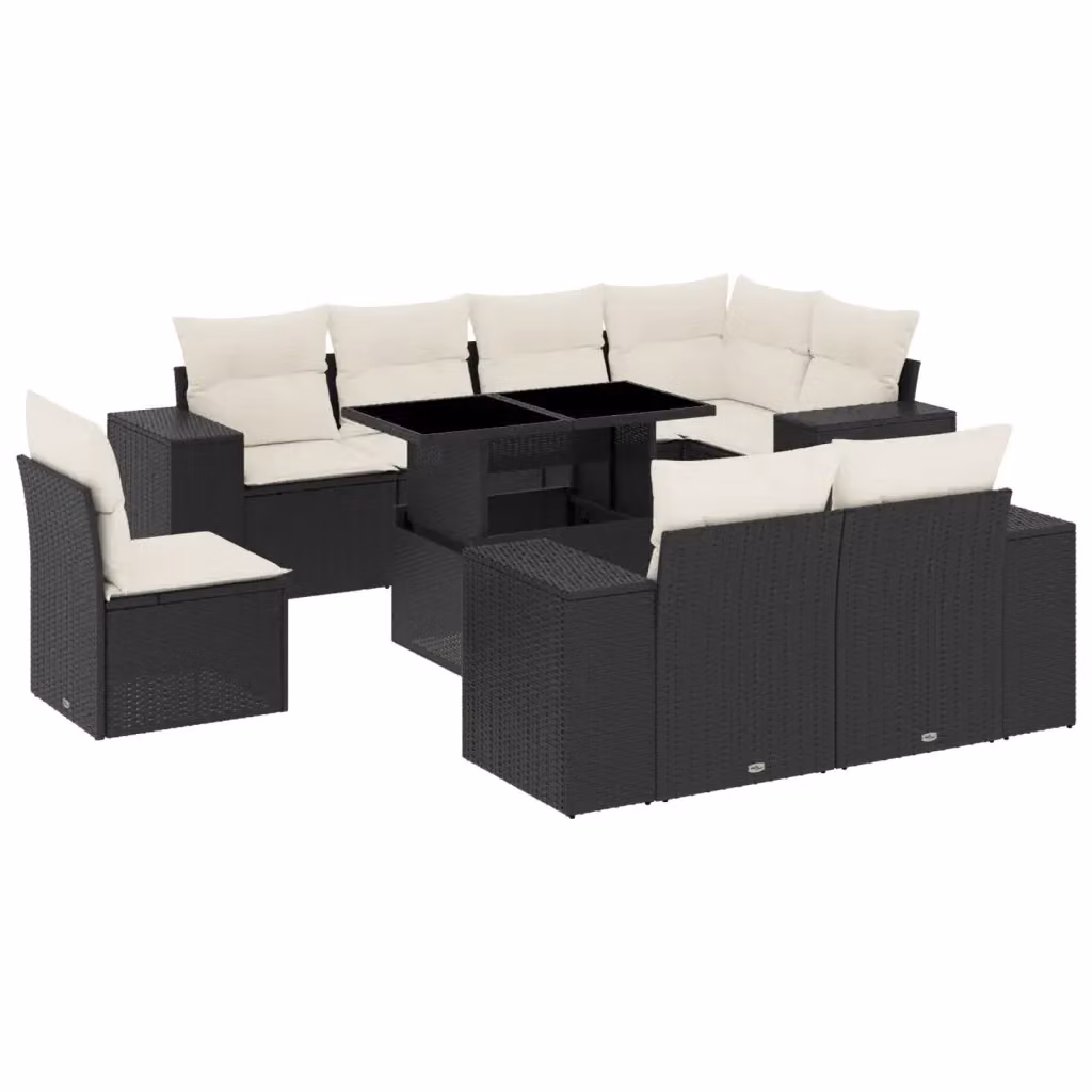 vidaXL Set Divani da Giardino a L 9 pz in Polyrattan Nero con Cuscini e Tavolino da Esterno – 2