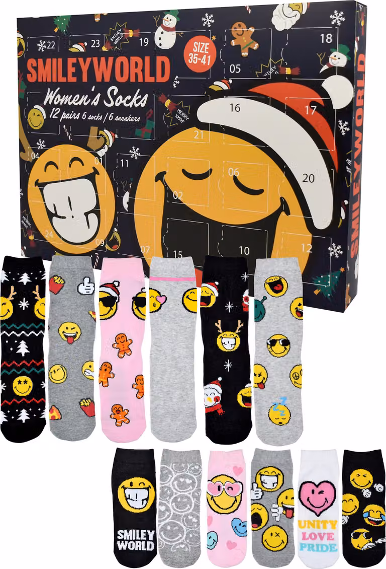 Smileyworld Calendario dell'Avvento con 12 paia di calze taglia 35-41 per donna Calendario di Natale con scarpe da ginnastica e calze lunghe