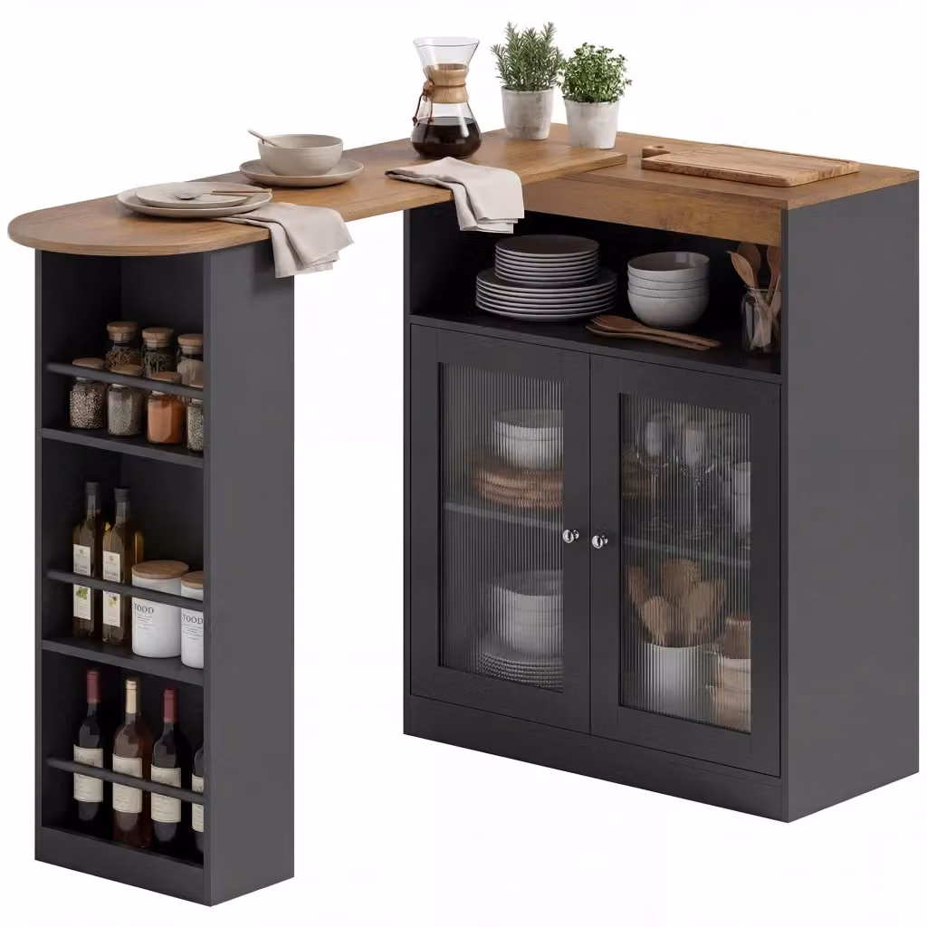 Tavolo da Bar Allungabile e Girevole con Ripiani e 2 Ante in Vetro Zephmum L: 150 cm, P: 80 cm, H: 105,5 cm, Nero e Naturale – 2
