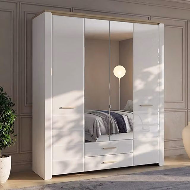 Armadio da camera da letto Mahone DMORA con ante a battente e cassetti integrati, Bianco Opaco e Rovere, L: 186 cm, H: 216 cm