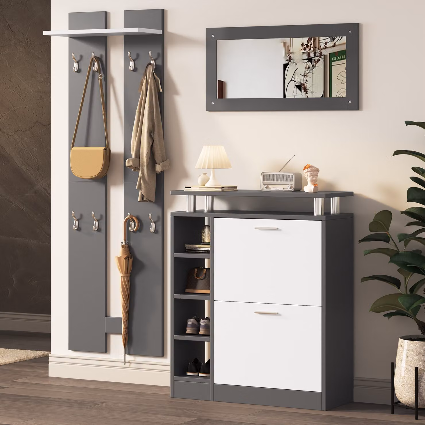 STILVORA, Set armadio completo con pensile, scaffalatura e mobiletto scarpe. Set appendiabiti a parete con specchio e 2 pannelli, dimensioni 80 x 25 x 96,5 cm. Mobiletto per scarpe, colore grigio e bianco