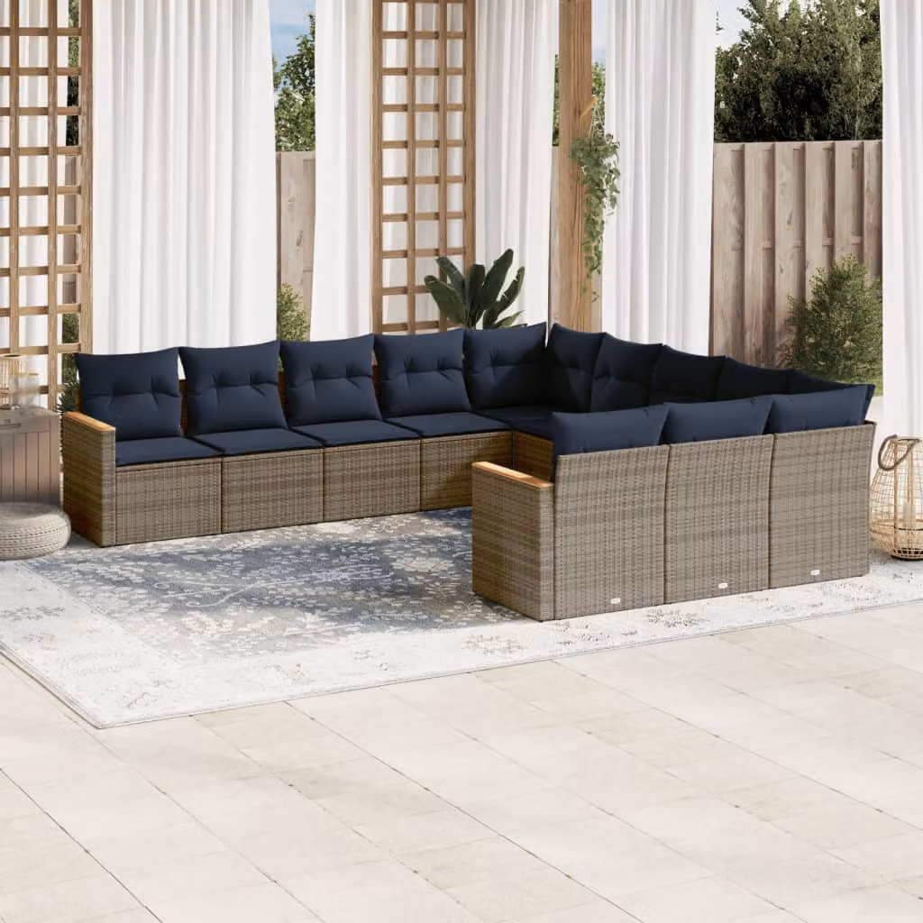 Set di divani da giardino vidaXL in polyrattan da 11 pezzi con cuscini grigi e blu a forma di L