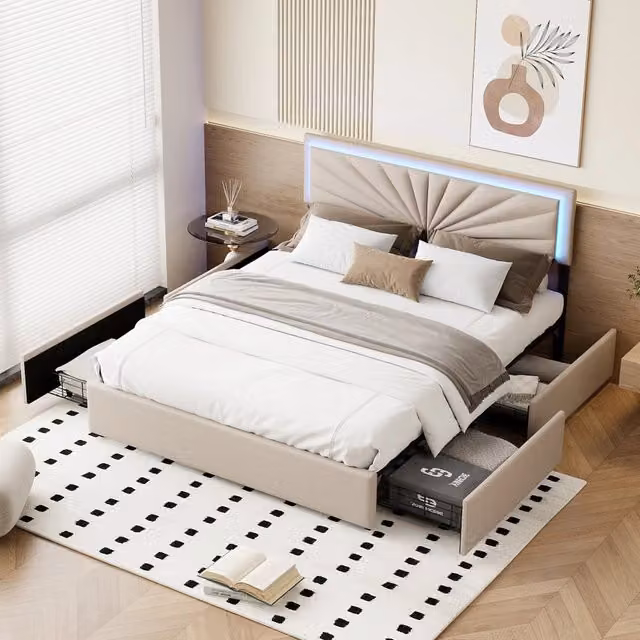 Letto Matrimoniale 160x200 cm con 4 Cassetti; Struttura Letto Imbottito con Luci LED; Testiera in Lino; Senza Materasso; Beige
