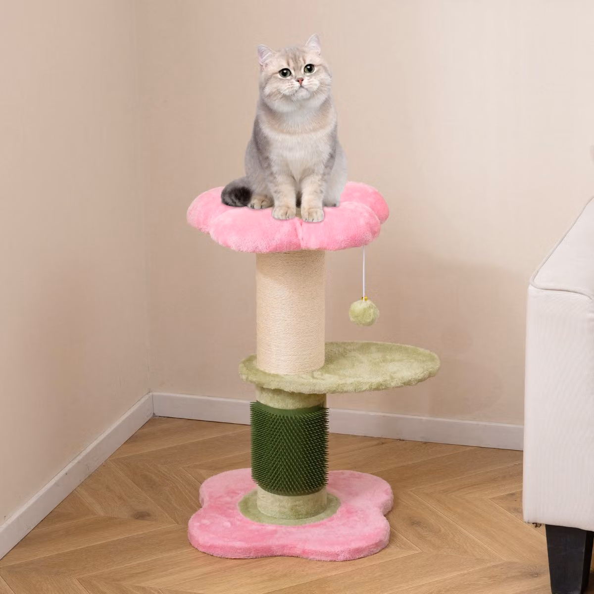 Albero per gatti Costway a forma di fiore con tiragraffi in sisal e piedistallo imbottito in pile, Rosa, Altezza: 69 cm