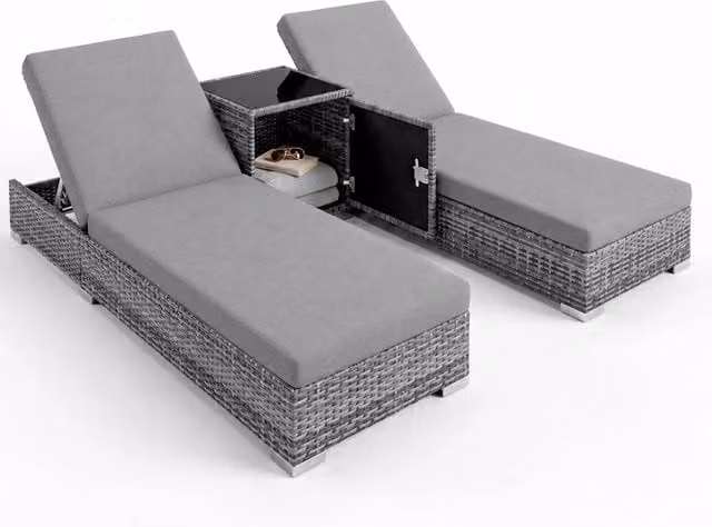 Set 2 Lettini Prendisole in Polyrattan con Tavolino Contenitore e Cuscini, Schienale Reclinabile 5 Posizioni, Arredo Giardino Piscina 184x60x21 Cm Grigio