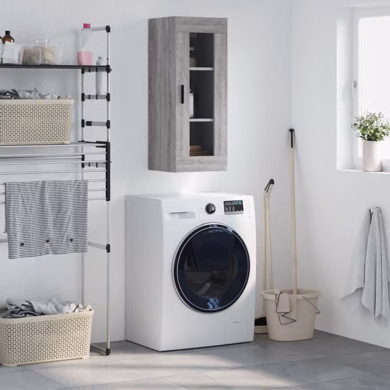 Mobile a parete vidaXL moderno in legno e vetro Grigio, L: 34,5 cm, P: 34 cm, H: 90 cm