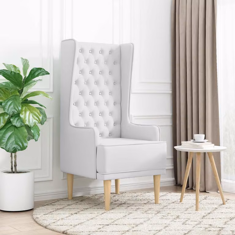 Sedia a schienale alto trapuntata a bottoni stile Chesterfield vidaXL in tessuto bianco con struttura in legno e plastica L: 46 cm, P: 64 cm, H: 110 cm