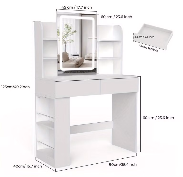 Comò bianco con illuminazione LED tricolore - Moderno tavolino da trucco con specchio e cassetto