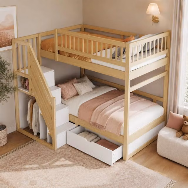 Letto a castello con scala contenitore; reti a doghe e cassetto; 90x200 cm; legno bianco e naturale