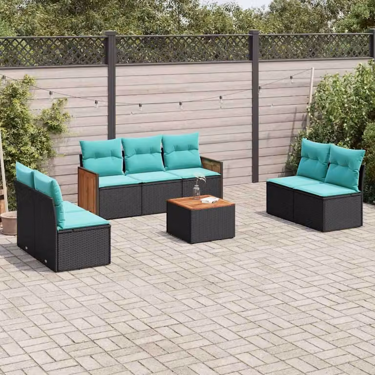 Set da giardino vidaXL in polyrattan composto da 8 pezzi con cuscini, divani e tavolino, design moderno a forma di U, nero