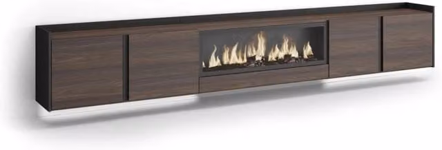 Mobile TV Soggiorno, 315x50x35 cm, Per TV fino a 80", Camino elettrico XXL, Sospeso, da appendere, LED, Rovere scuro e Nero