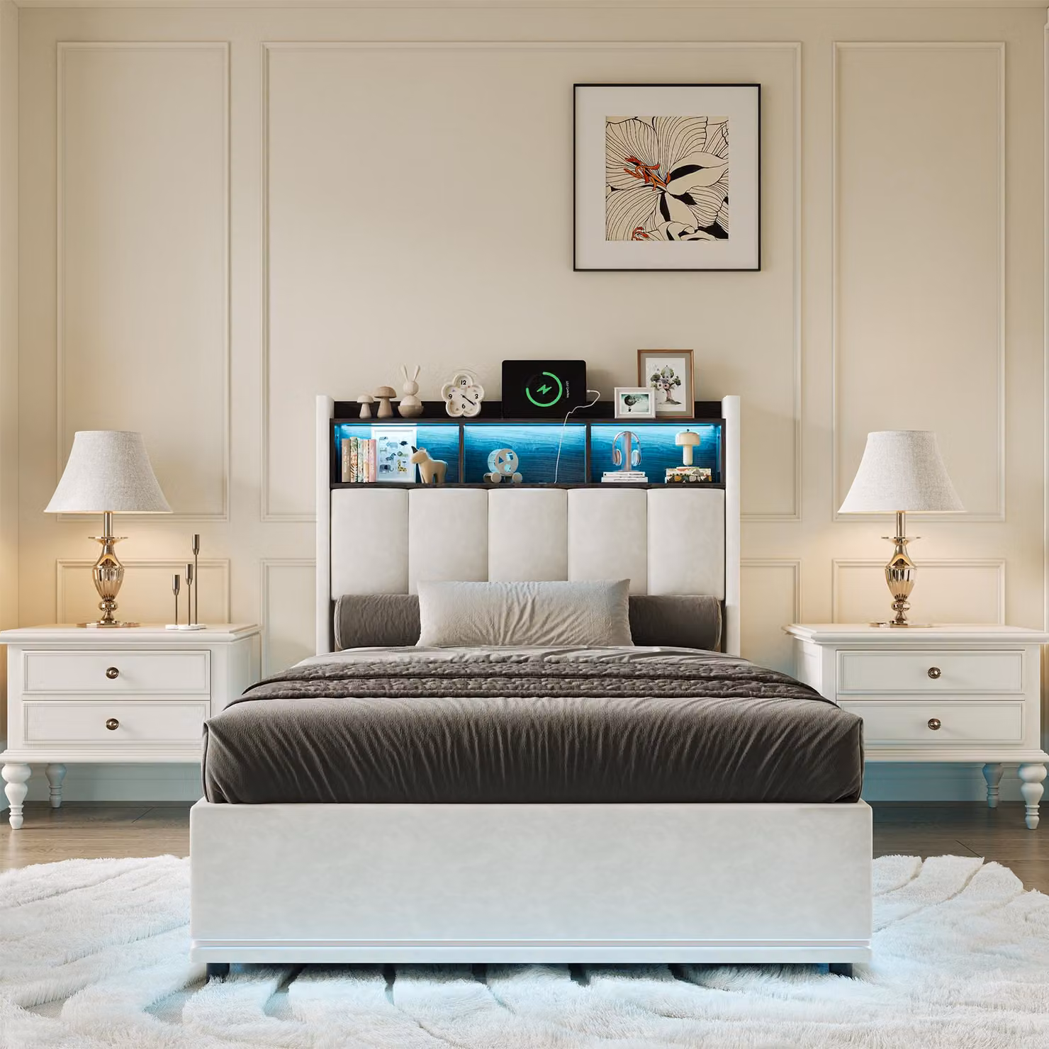 Letto imbottito idraulico Fortuna Lai 90x200cm con funzione cassetto, letto per ragazzi letto singolo con contenitore, letto contenitore con LED, lino, beige