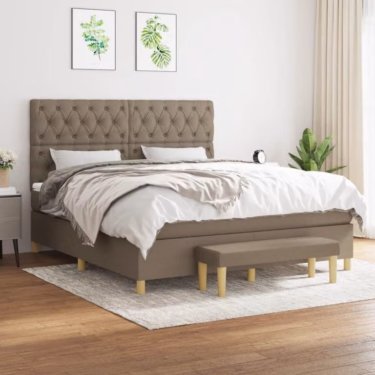 vidaXL Giroletto a Molle Ibrido con Materasso in Tessuto Beige e Bianco L/P: 160 x 200 cm