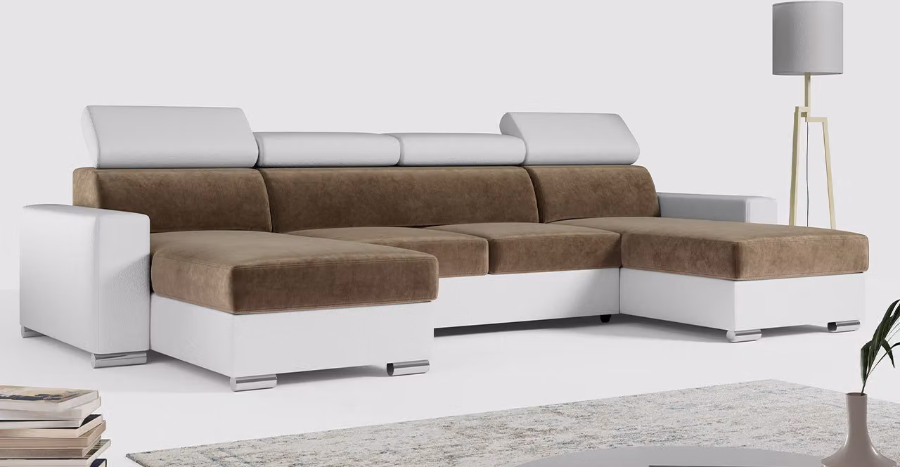 MKS MEBLE Divano ad angolo con funzione letto e contenitore, salotto a forma di U, divano letto - FOX-U - Marrone/Bianco