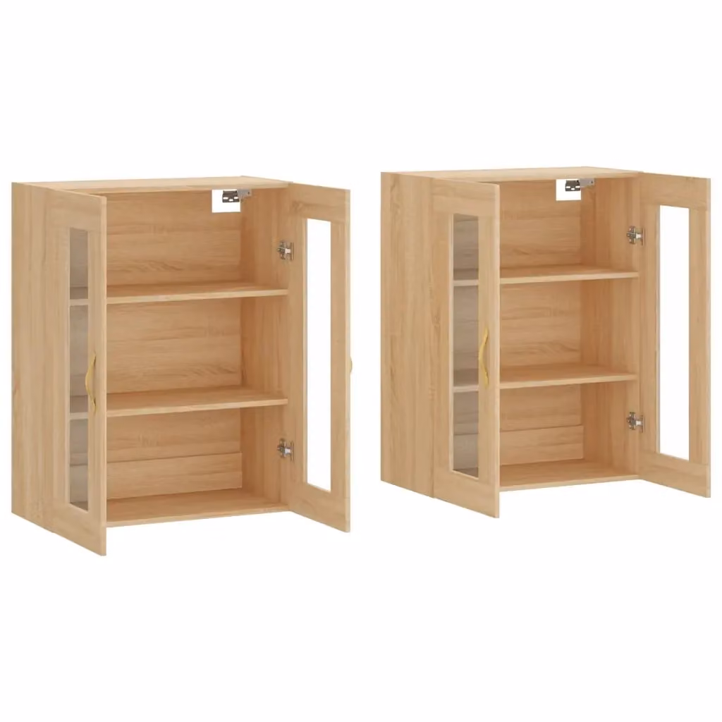 Set di 2 pensili da parete moderni con ante in vetro e ripiani interni in legno rovere color marrone L/P/H: 69,5 x 34 x 90 cm – 2