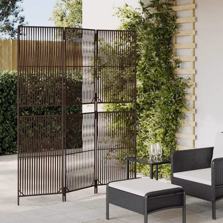 Divisorio per Ambienti vidaXL a 3 Pannelli in Polyrattan e Metallo, Marrone, H: 180 cm, L: 147 cm