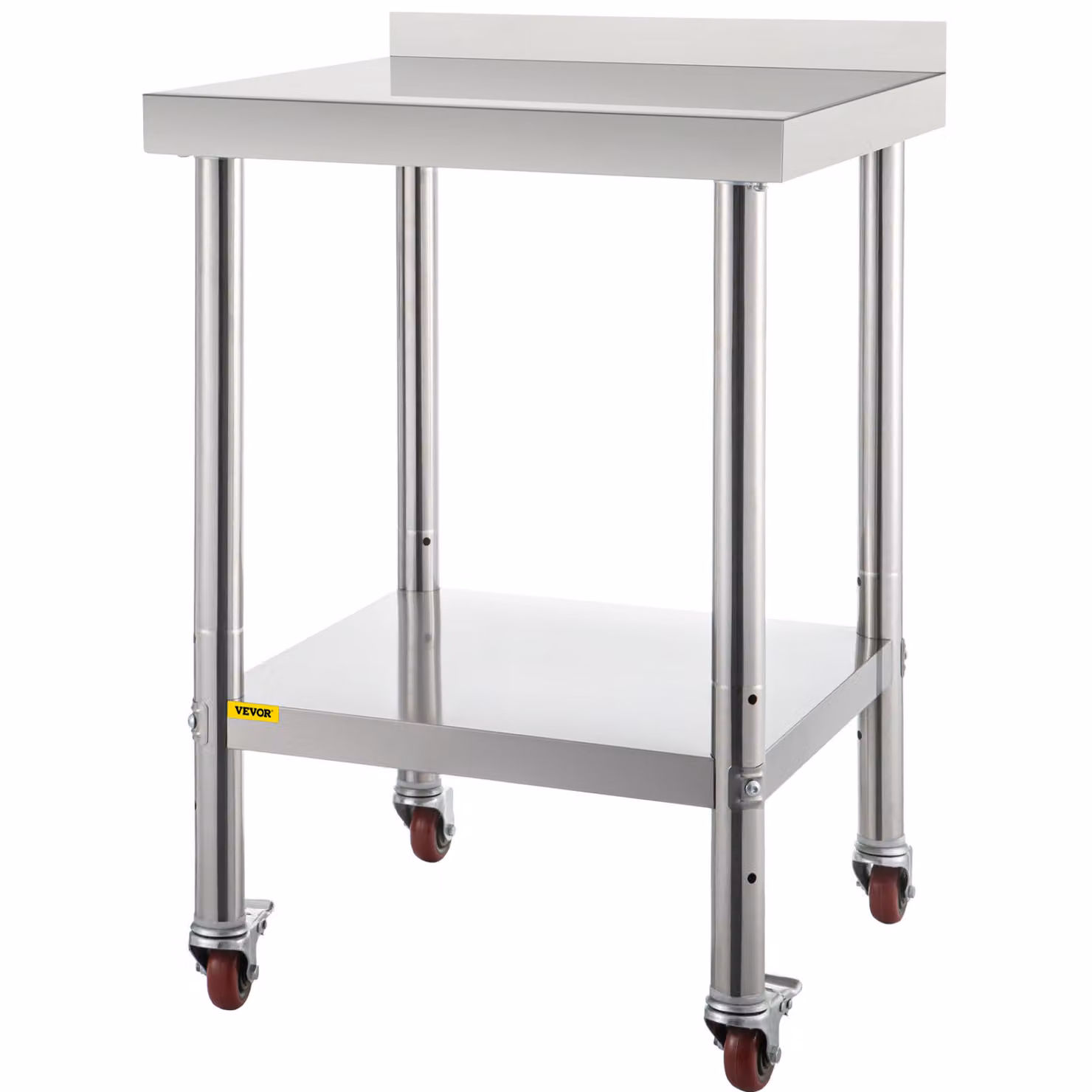Tavolo di preparazione in acciaio inox VEVOR, 24 x 24 x 35 pollici, capacità di carico di 440 libbre, robusto tavolo da lavoro in metallo con schienale regolabile e 4 rotelle, postazione di lavoro commerciale per cucine di ristoranti